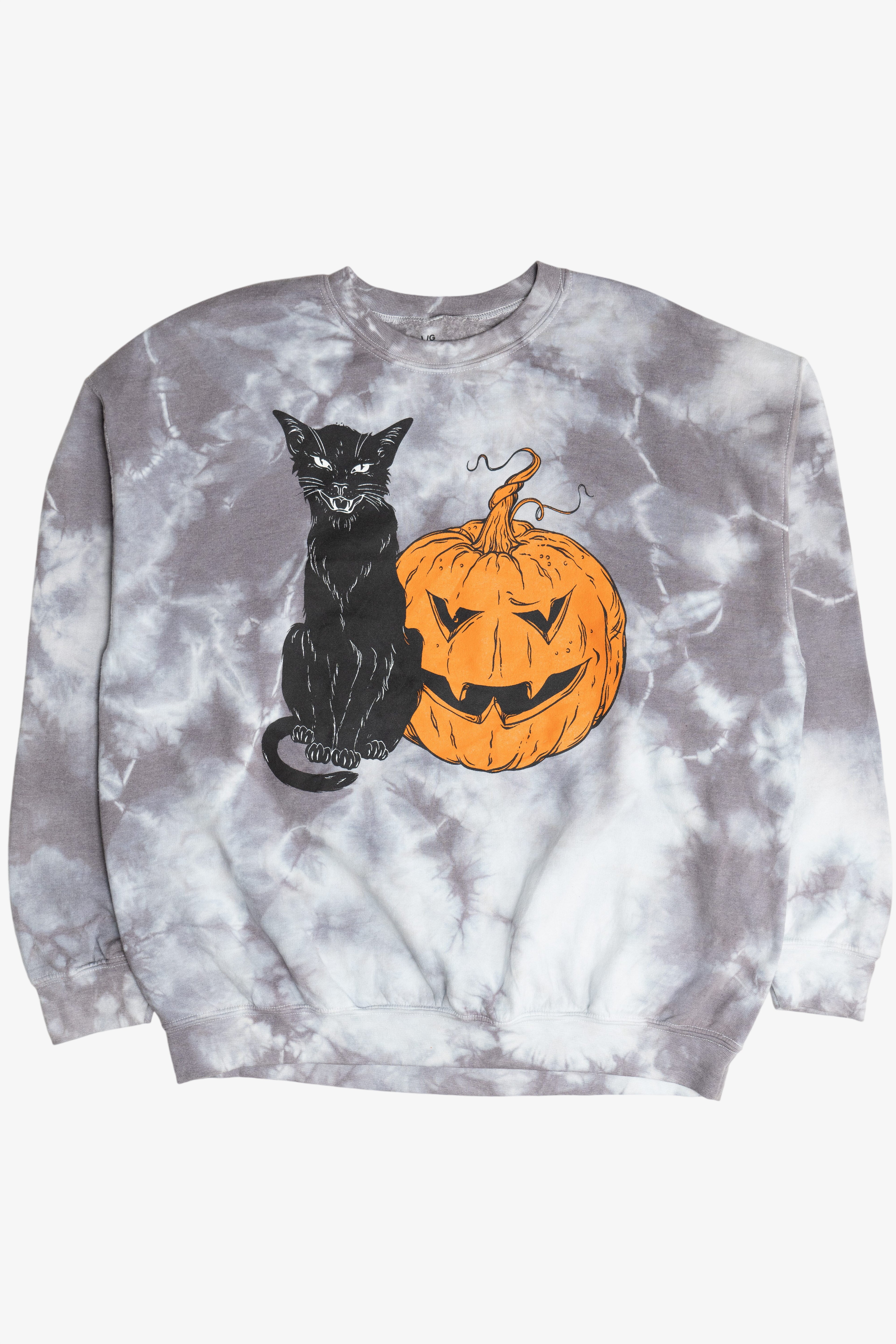 Black Cat & Halloween Pumpkin Gray Tie Dye Sweatshirt(2010s)