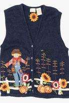 Vintage Navy Blue Autumn Harvest Scarecrow Sunflowers Vest (1990s)