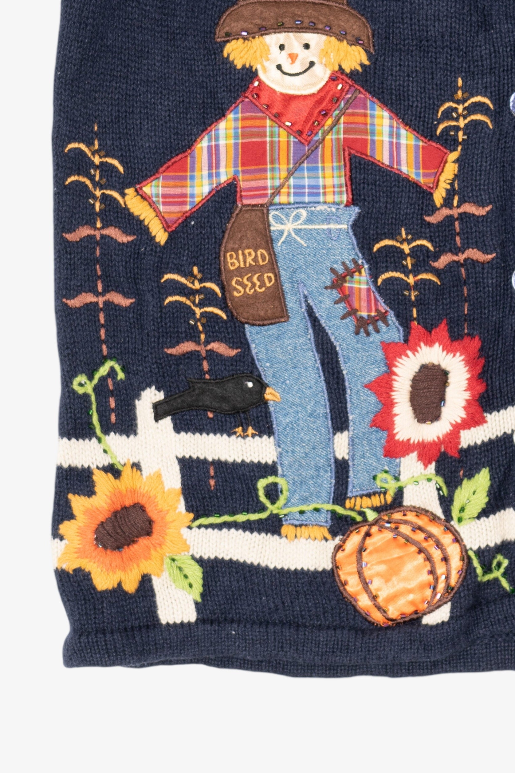 Vintage Navy Blue Autumn Harvest Scarecrow Sunflowers Vest (1990s)
