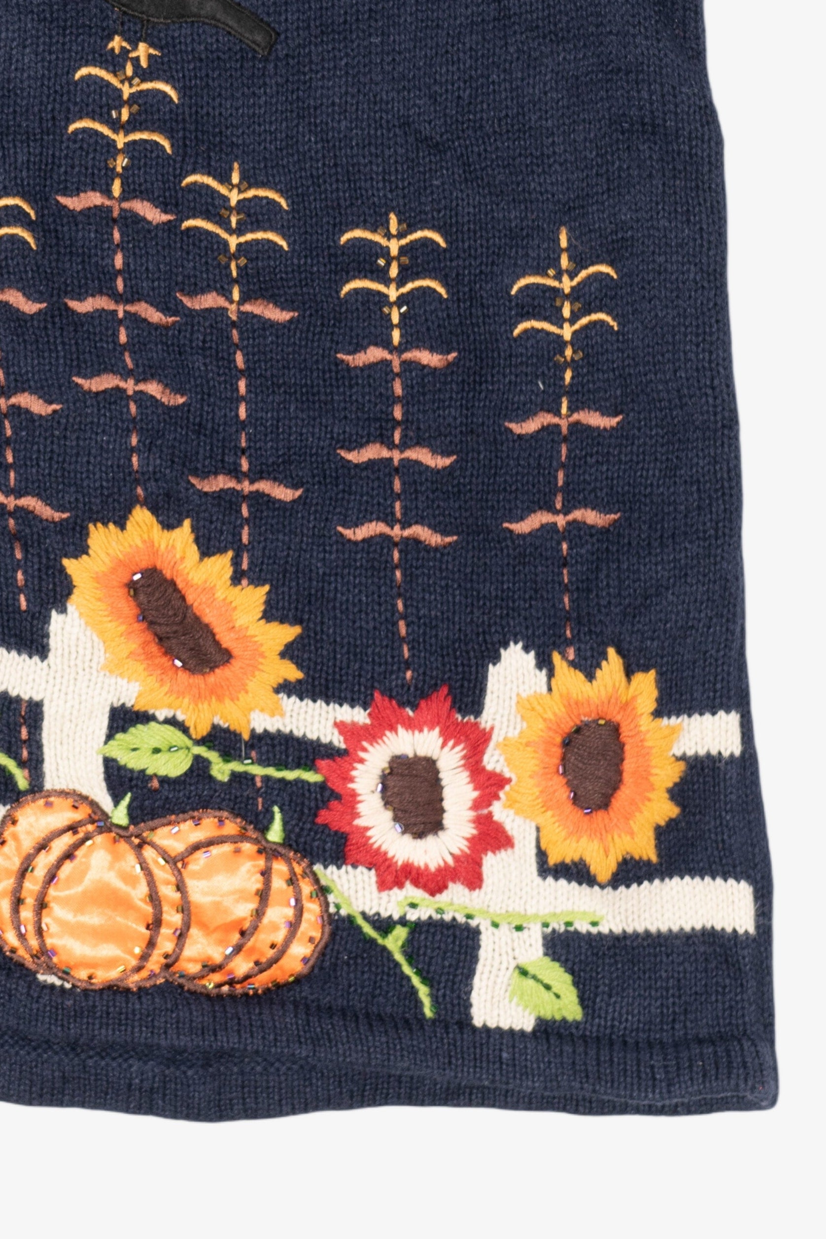 Vintage Navy Blue Autumn Harvest Scarecrow Sunflowers Vest (1990s)