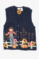 Vintage Navy Blue Autumn Harvest Scarecrow Sunflowers Vest (1990s)