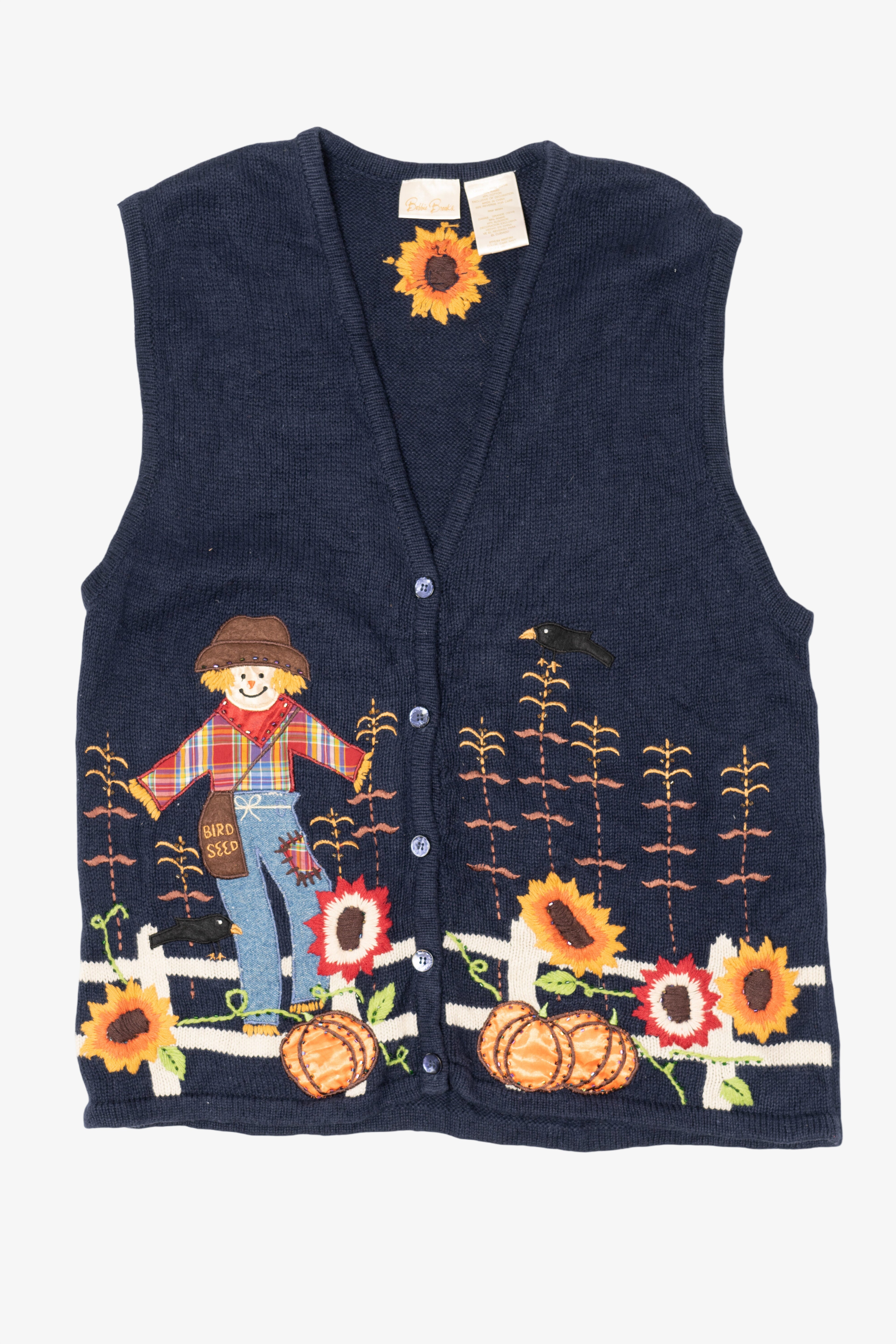 Vintage Navy Blue Autumn Harvest Scarecrow Sunflowers Vest (1990s)