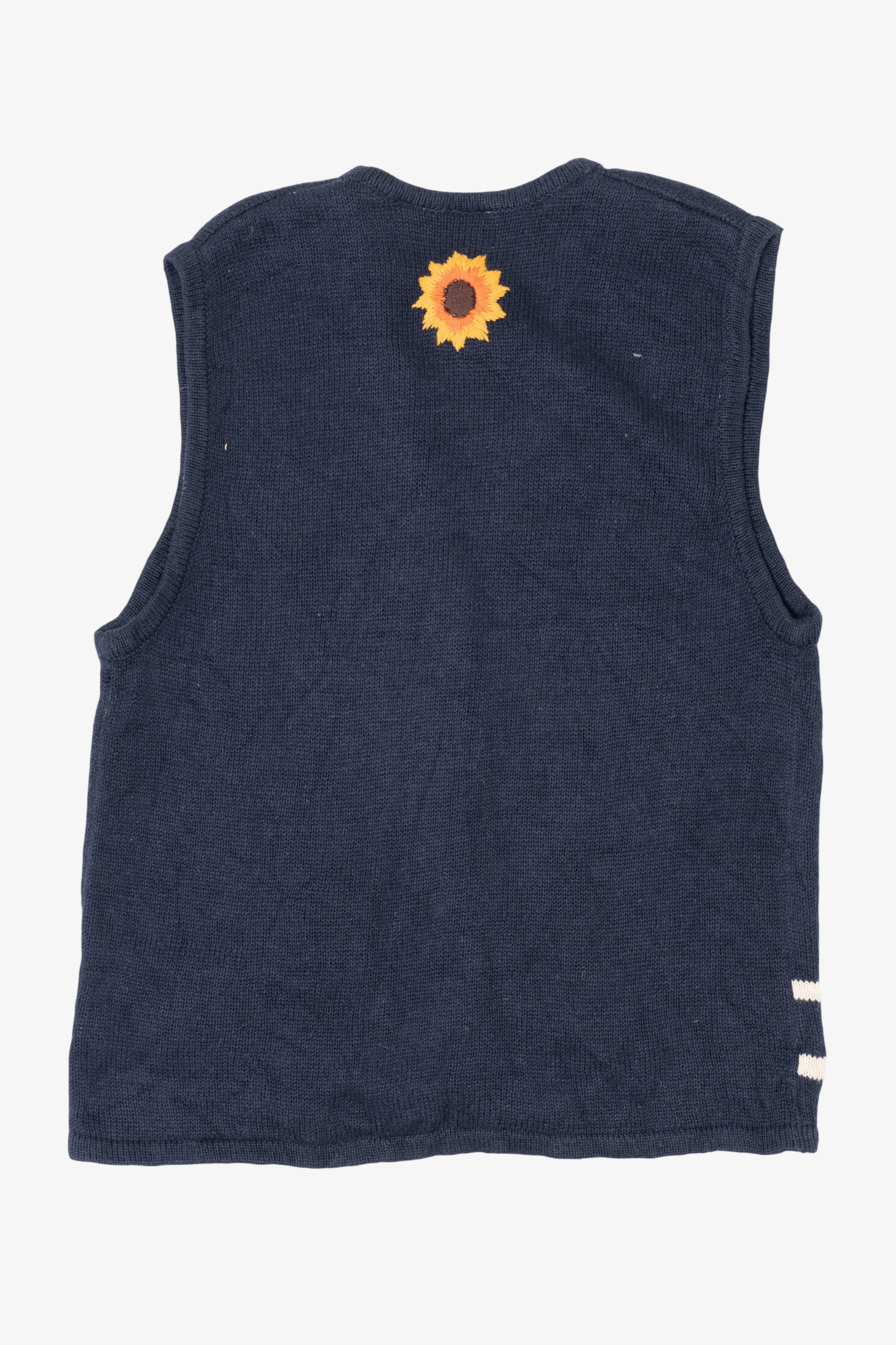 Vintage Navy Blue Autumn Harvest Scarecrow Sunflowers Vest (1990s)