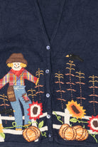 Vintage Navy Blue Autumn Harvest Scarecrow Sunflowers Vest (1990s)