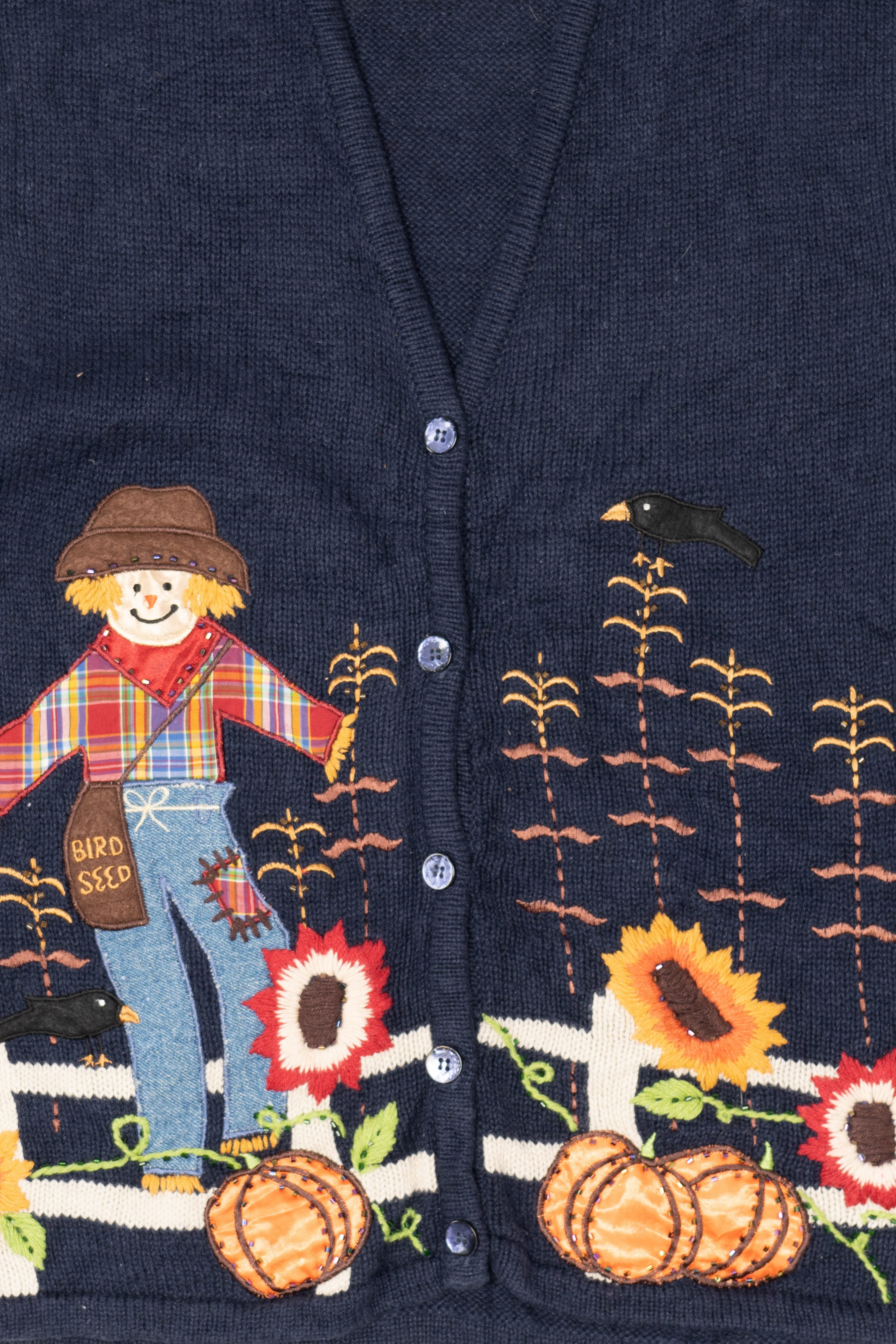 Vintage Navy Blue Autumn Harvest Scarecrow Sunflowers Vest (1990s)
