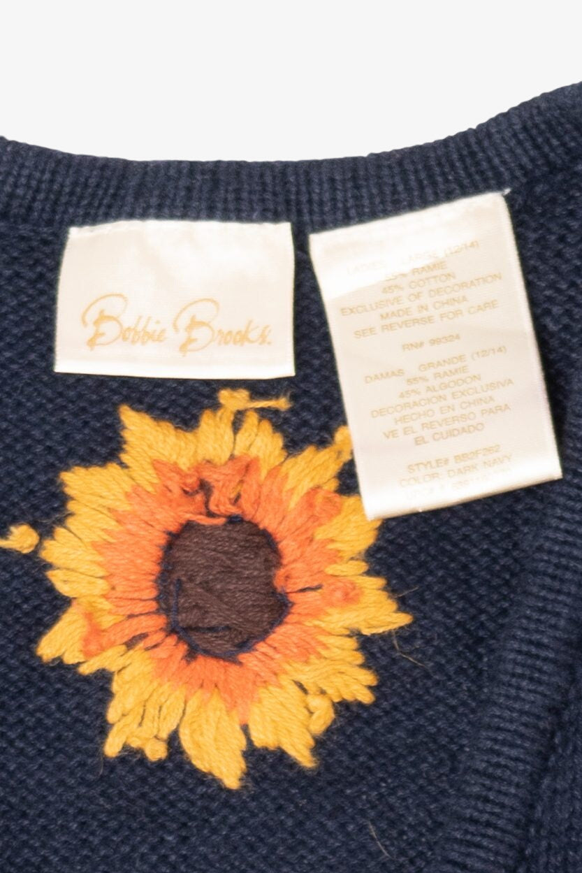 Vintage Navy Blue Autumn Harvest Scarecrow Sunflowers Vest (1990s)
