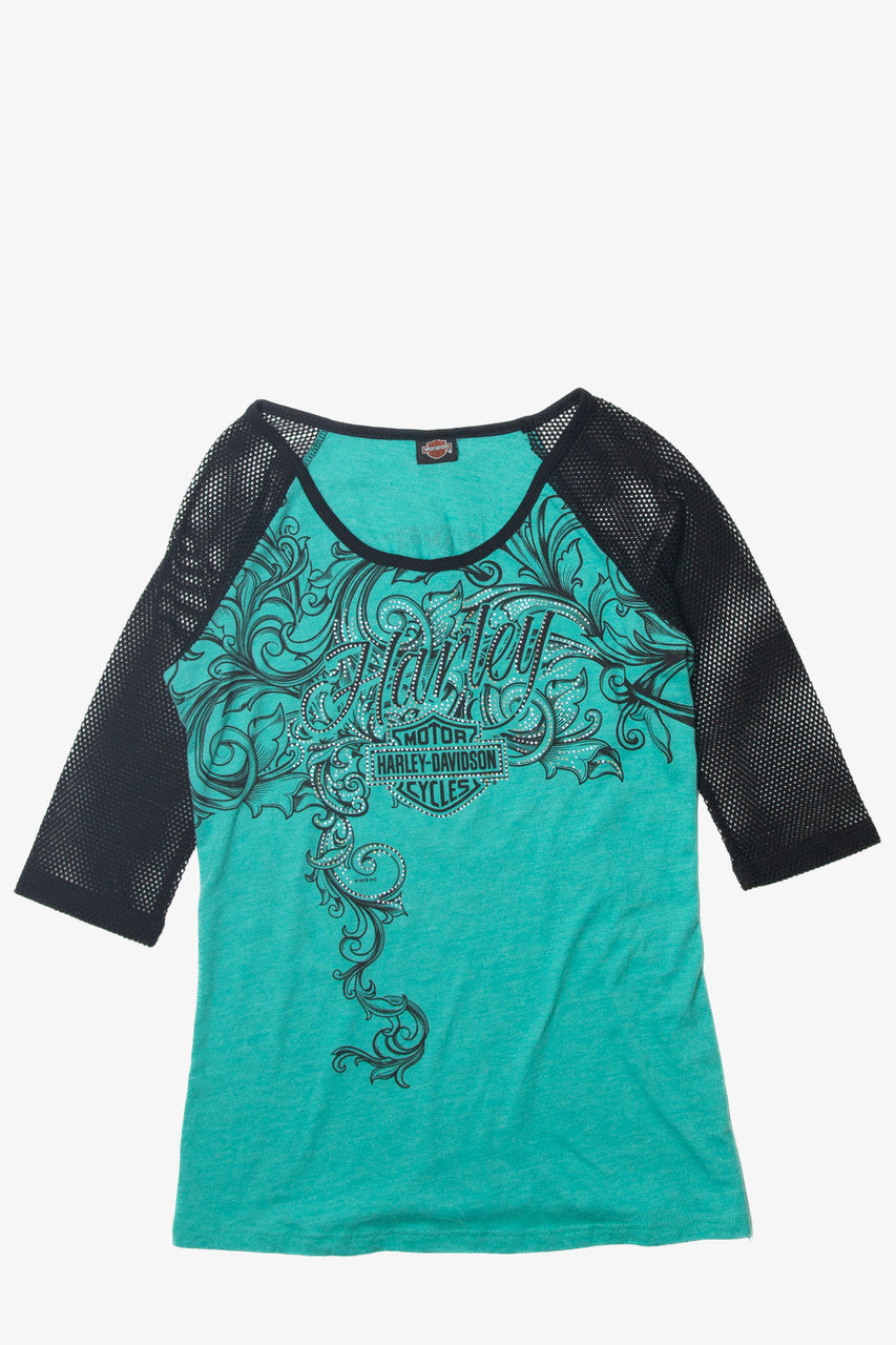  Teal Sleeve Mesh Stitch Harley Davidson T-Shirt (2010s)