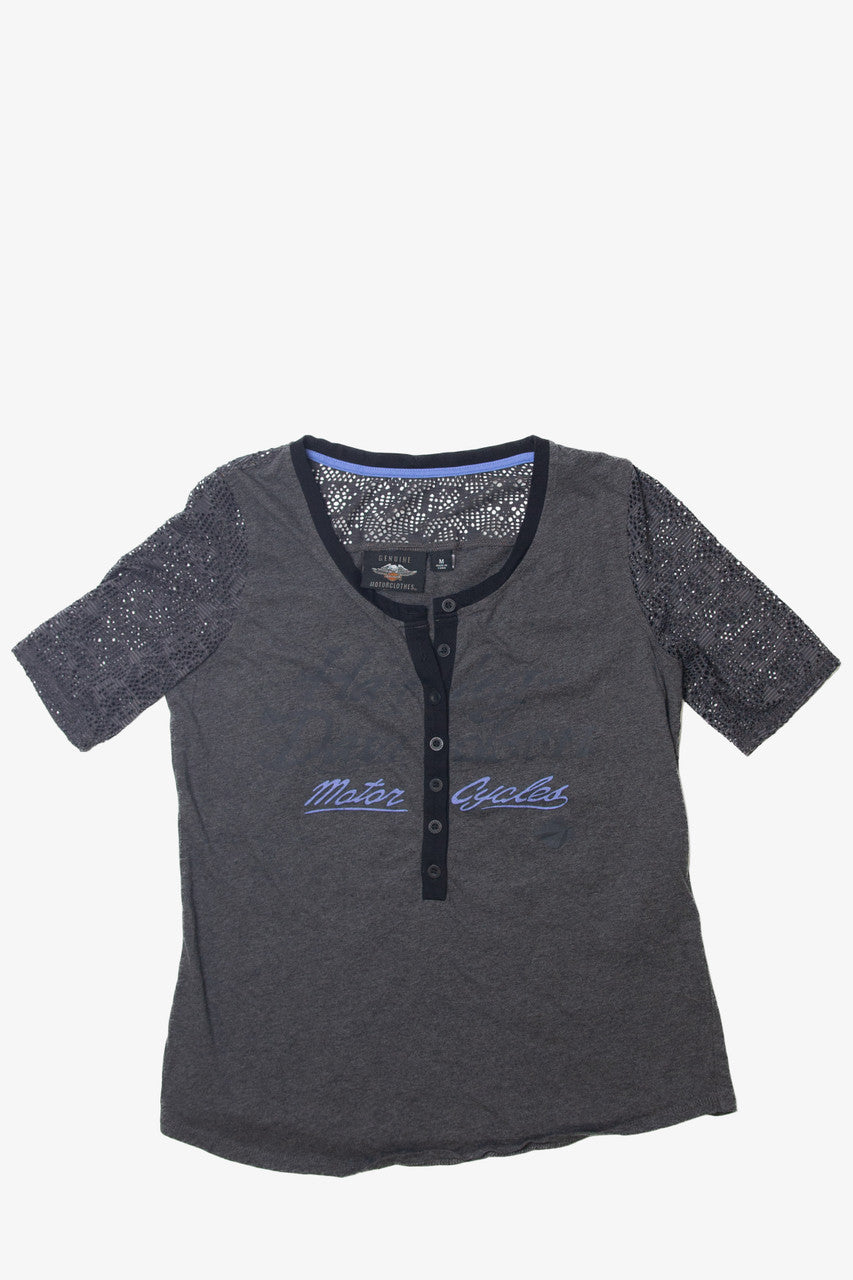   Harley Davidson Quarter Button Up Mesh Stitch Sleeve T-Shirt