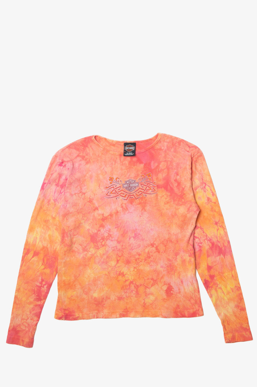 Vintage Harley Davidson Orange Pink Tie Dye Long Sleeve T-Shirt (2000s)