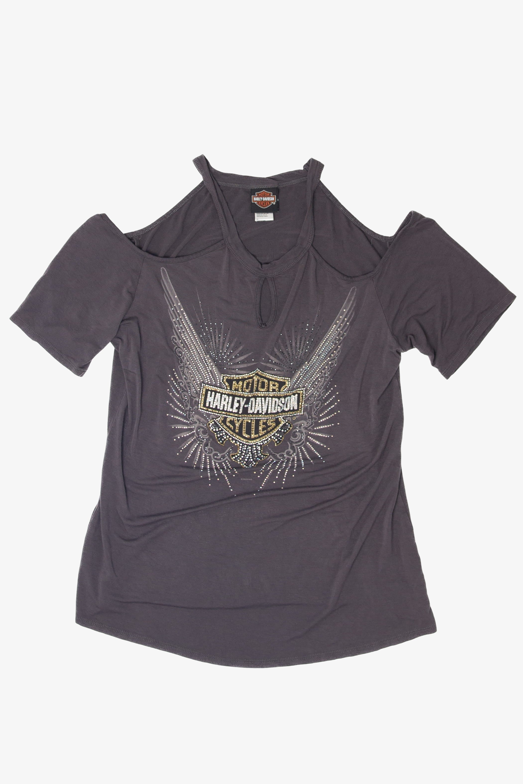 Recycled Cold Shoulder Rhinestones Harley Davidson T-Shirt (2020s)
