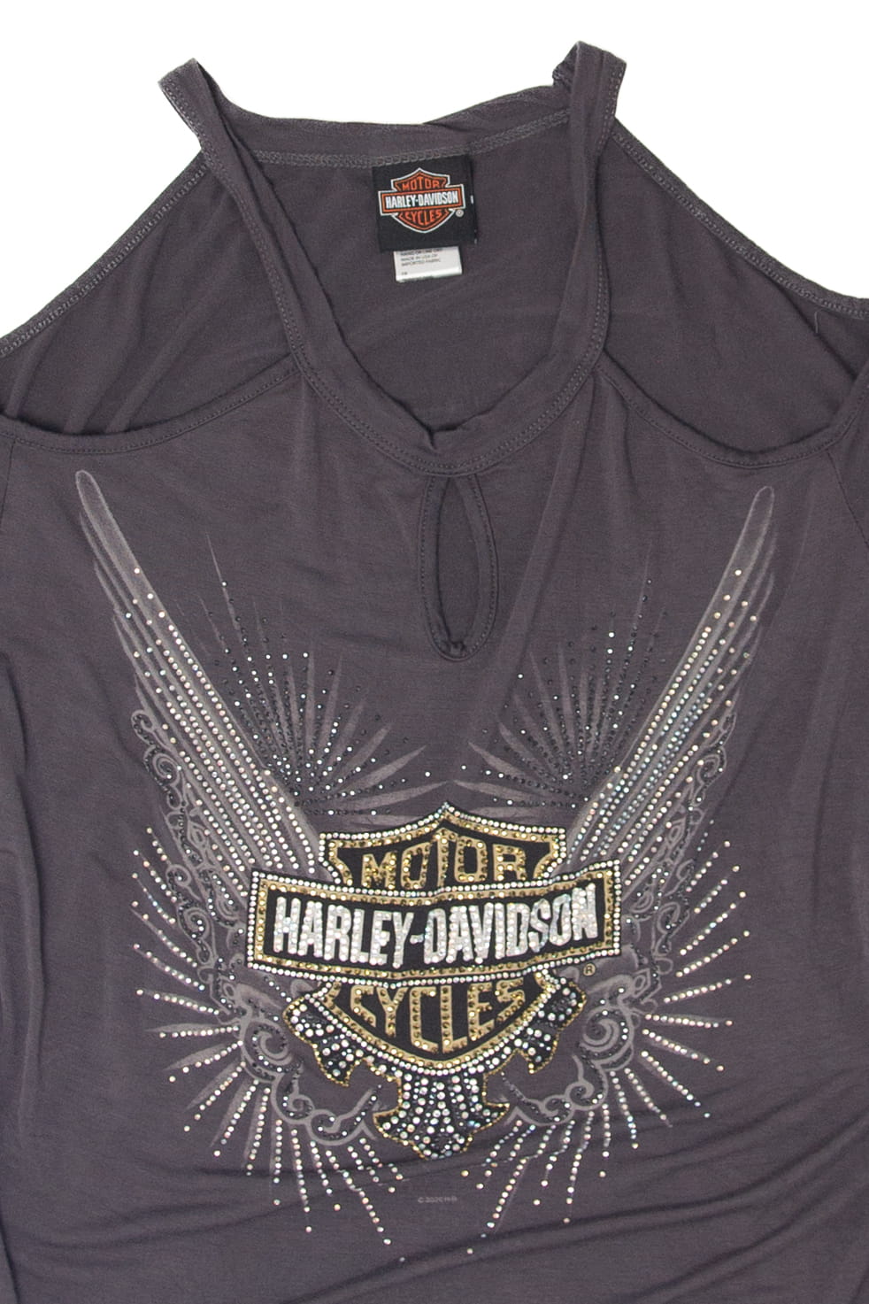 Recycled Cold Shoulder Rhinestones Harley Davidson T-Shirt (2020s)