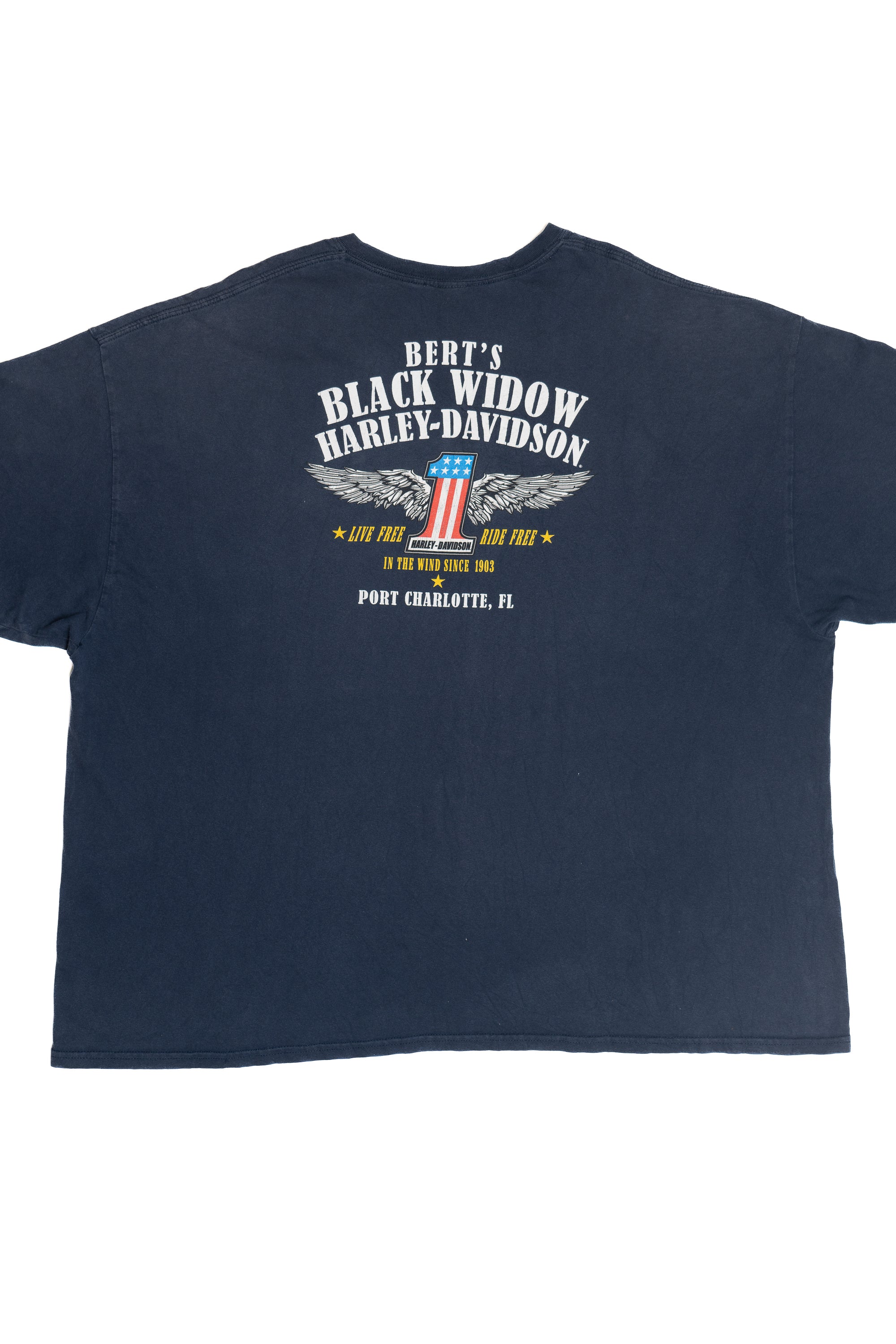 Distressed Navy Black Widow Harley Davidson Pocket T-Shirt