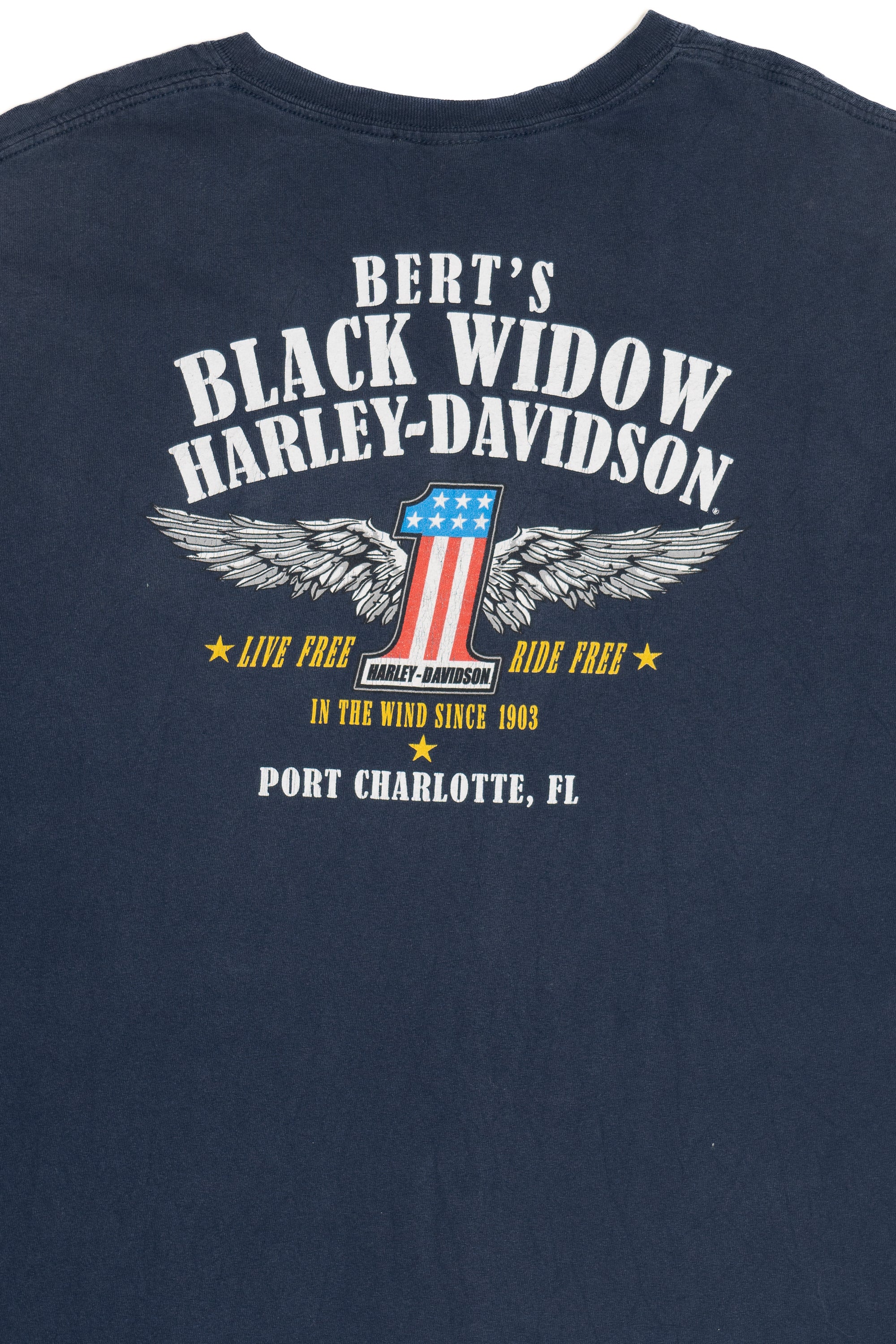 Distressed Navy Black Widow Harley Davidson Pocket T-Shirt
