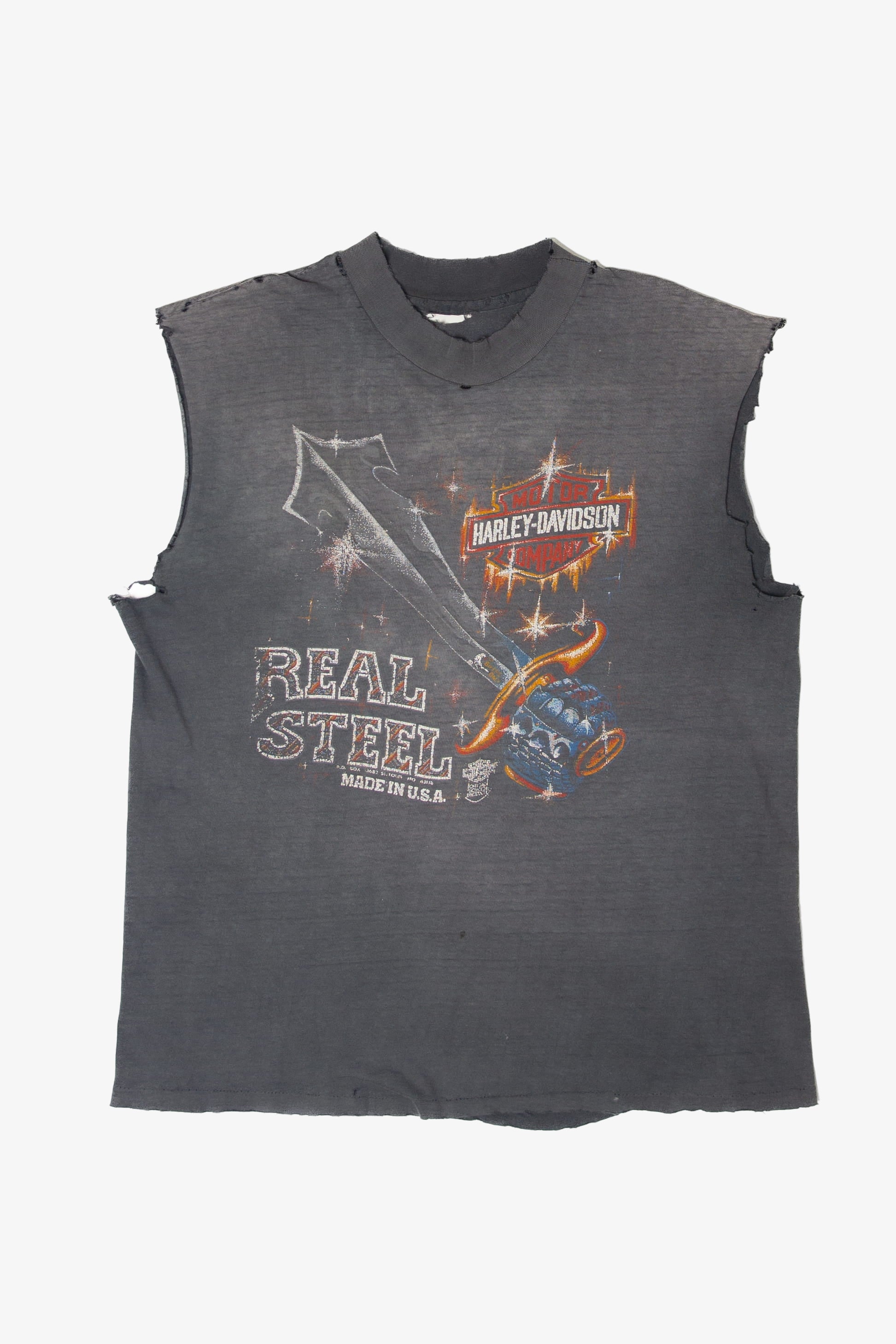 Vintage Thrashed Real Steel Harley Davidson Cutoff Sleeves T-Shirt (1990s)