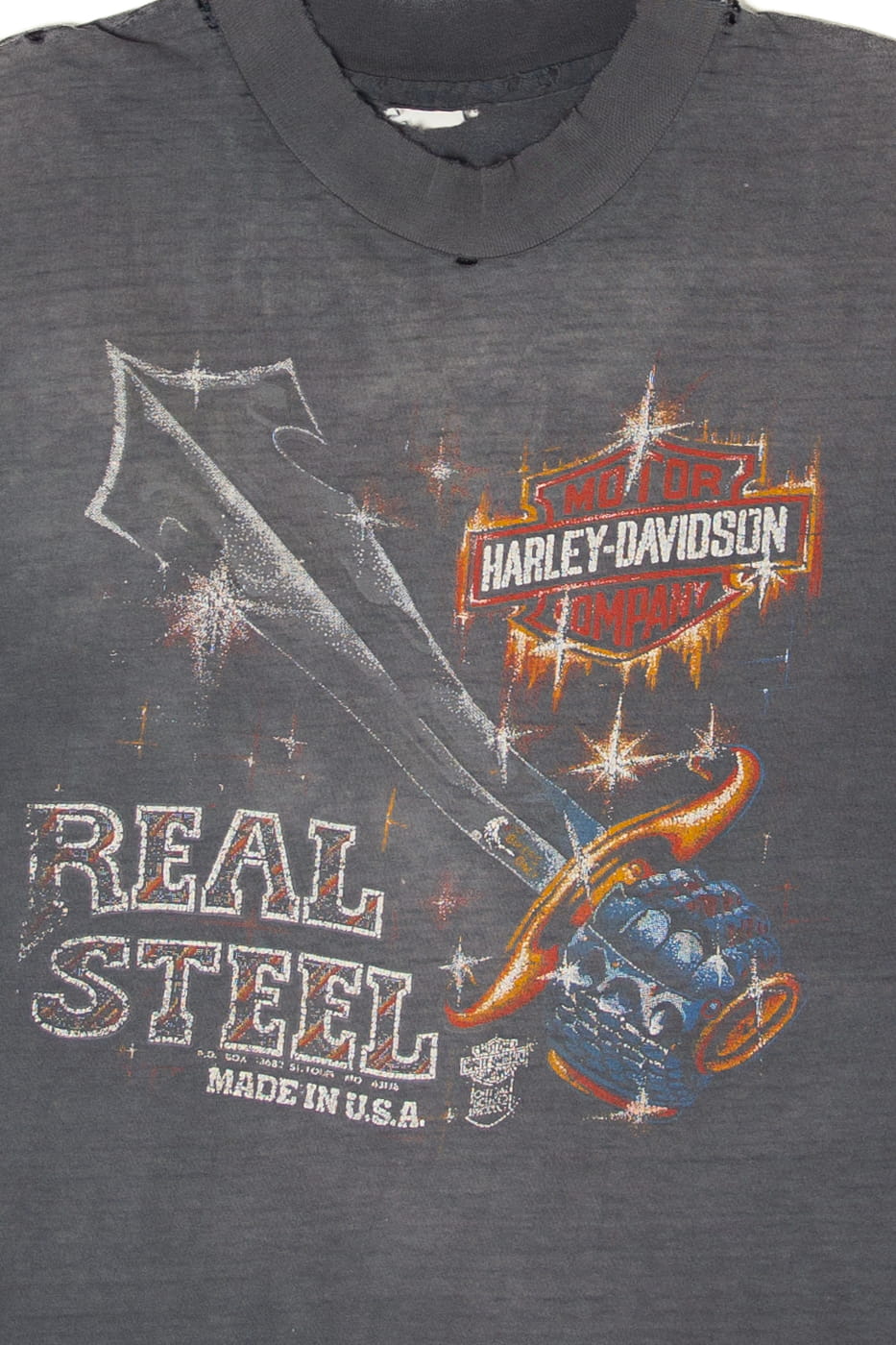 Vintage Thrashed Real Steel Harley Davidson Cutoff Sleeves T-Shirt (1990s)