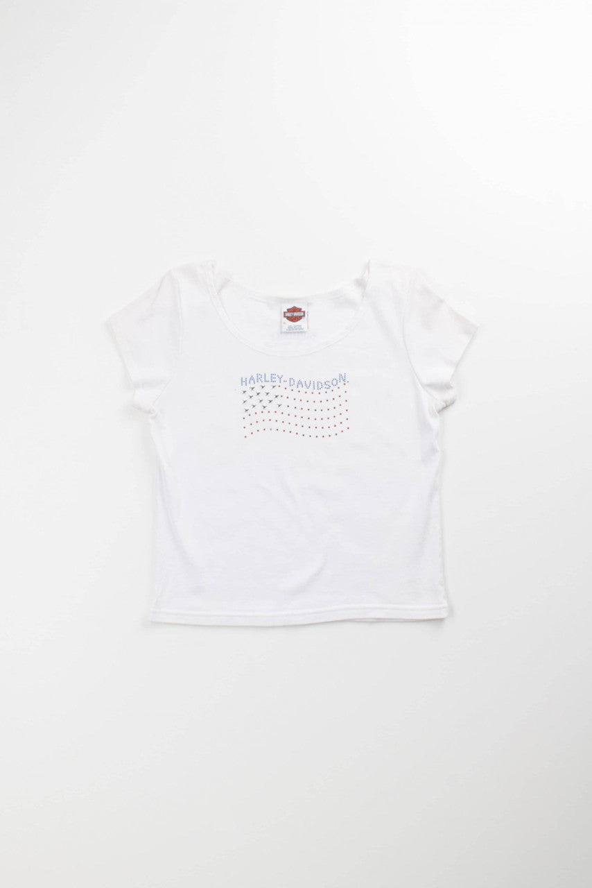 Woman's Cut American Flag Harley Davidson Tee