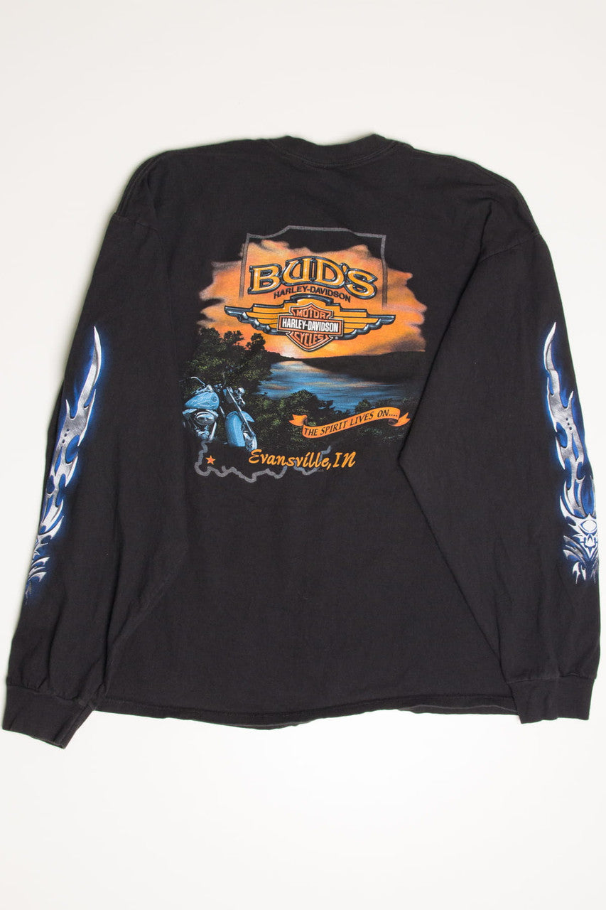 Metallic Flames Evansville Bud's Harley-Davidson T-Shirt (2000s)