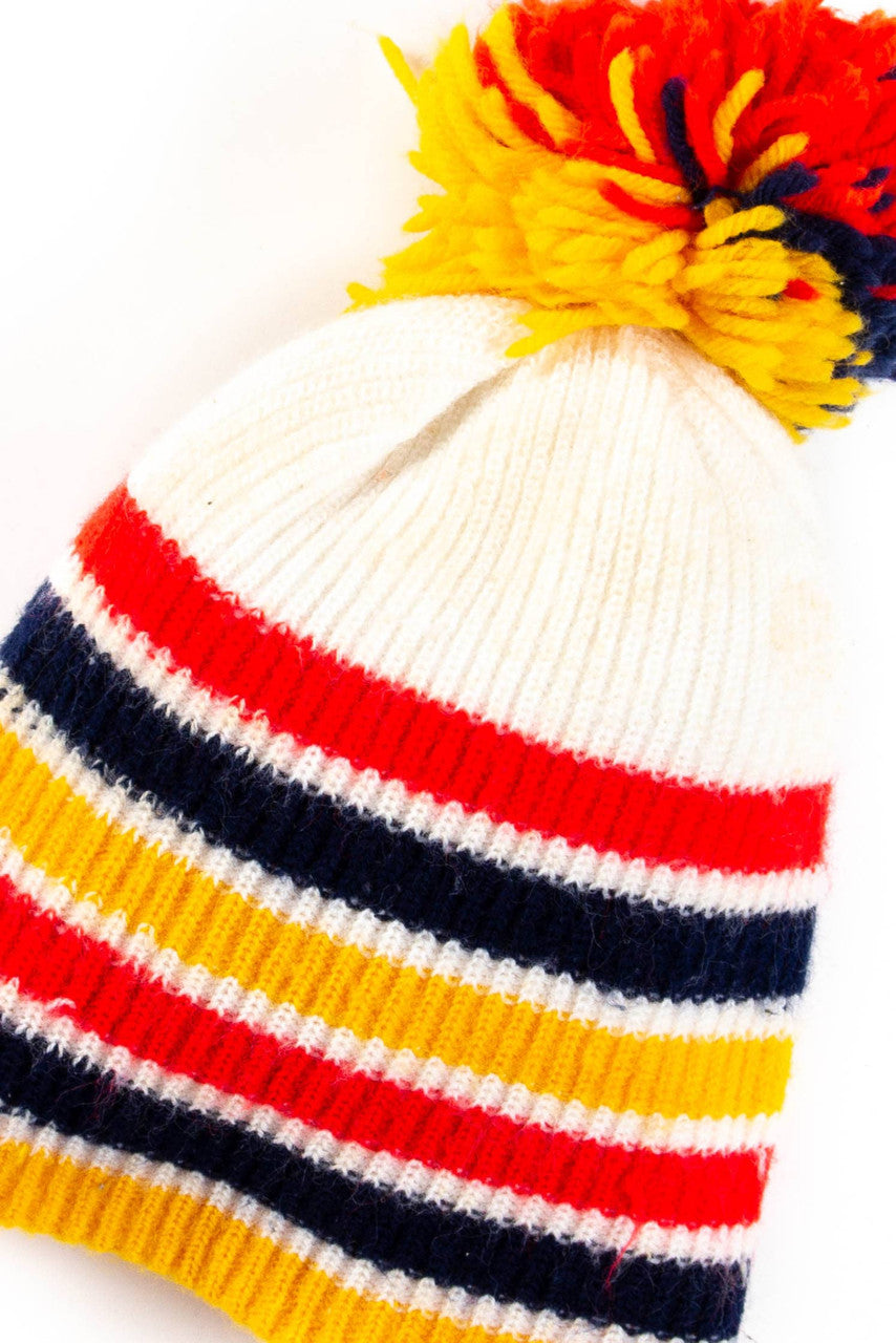 Yellow & White Striped Pom Pom Vintage Beanie
