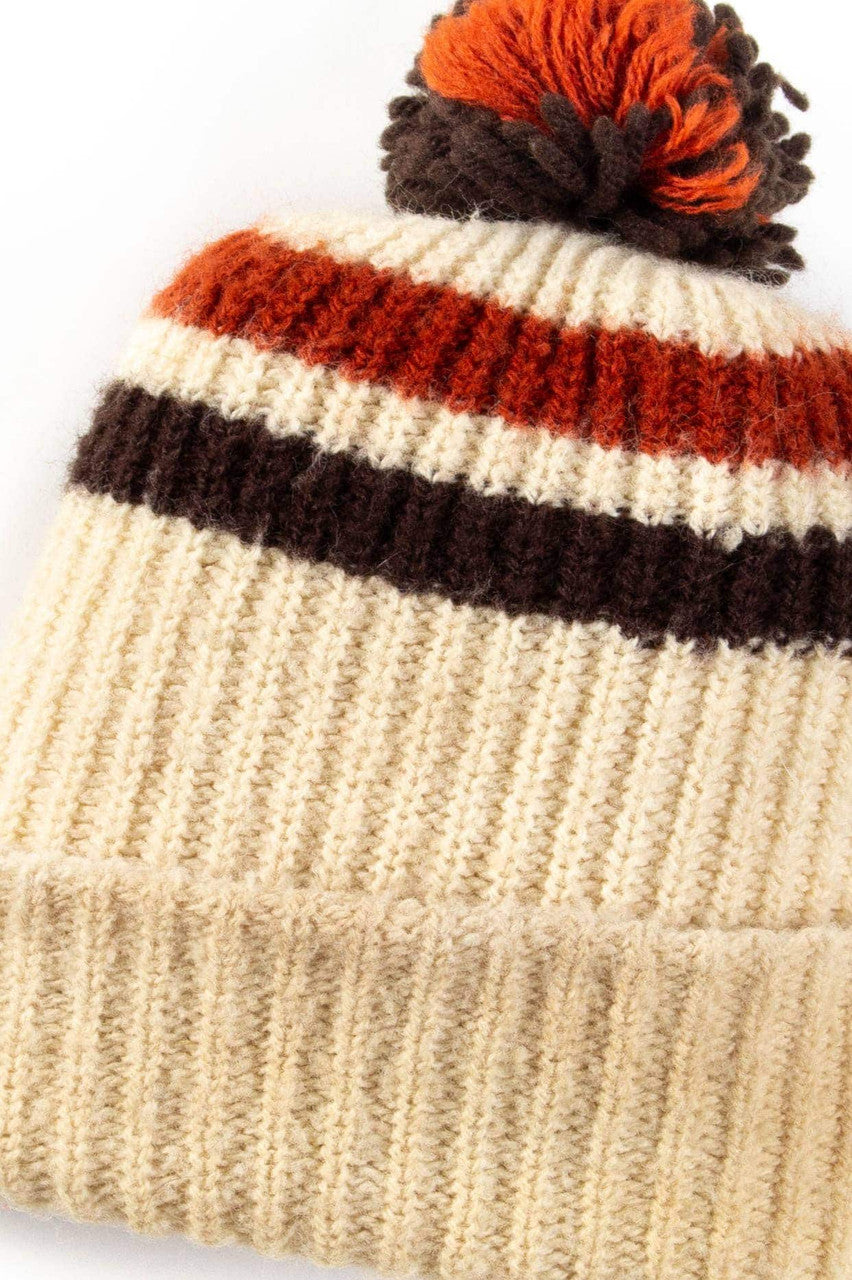Beige Striped Pom Pom Beanie