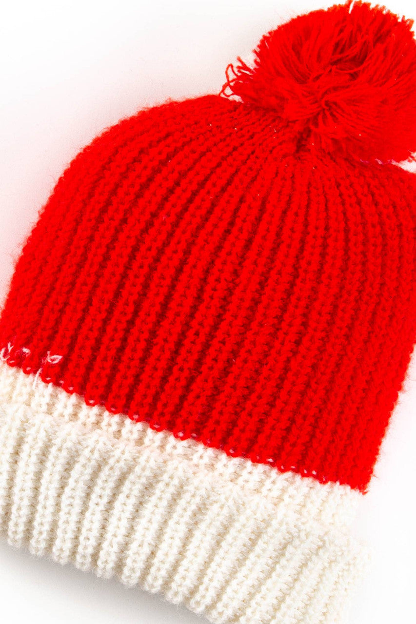 Red & White Pom Pom Vintage Beanie