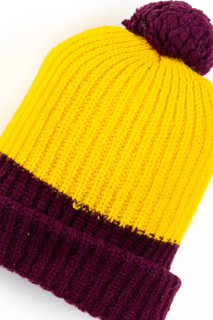 Maroon & Gold Pom Pom Vintage Beanie