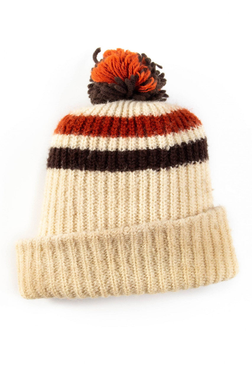 Beige Striped Pom Pom Beanie