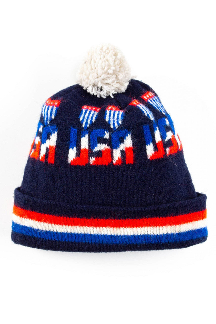 USA Stripes Pom Pom Vintage Beanie