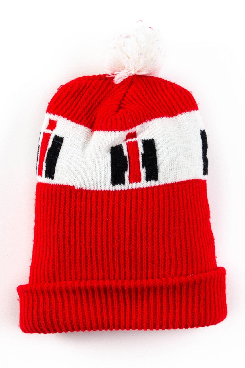Red International Harvester Pom Pom Vintage Beanie