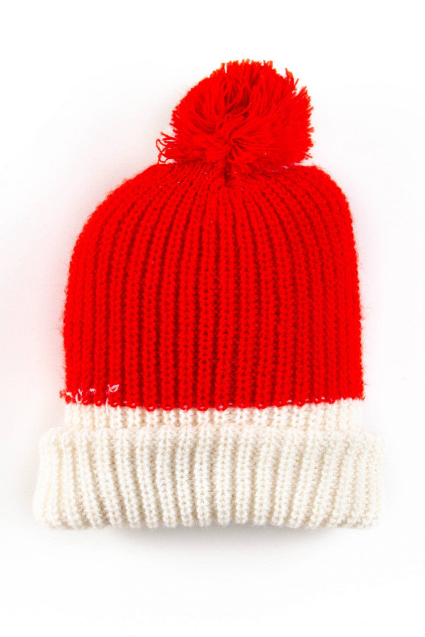 Red & White Pom Pom Vintage Beanie