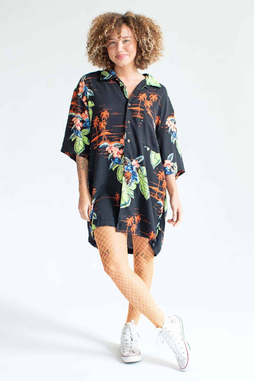 Black & Neon Floral Hawaiian Shirt