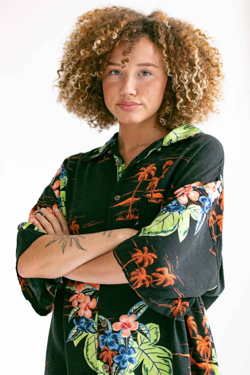 Black & Neon Floral Hawaiian Shirt