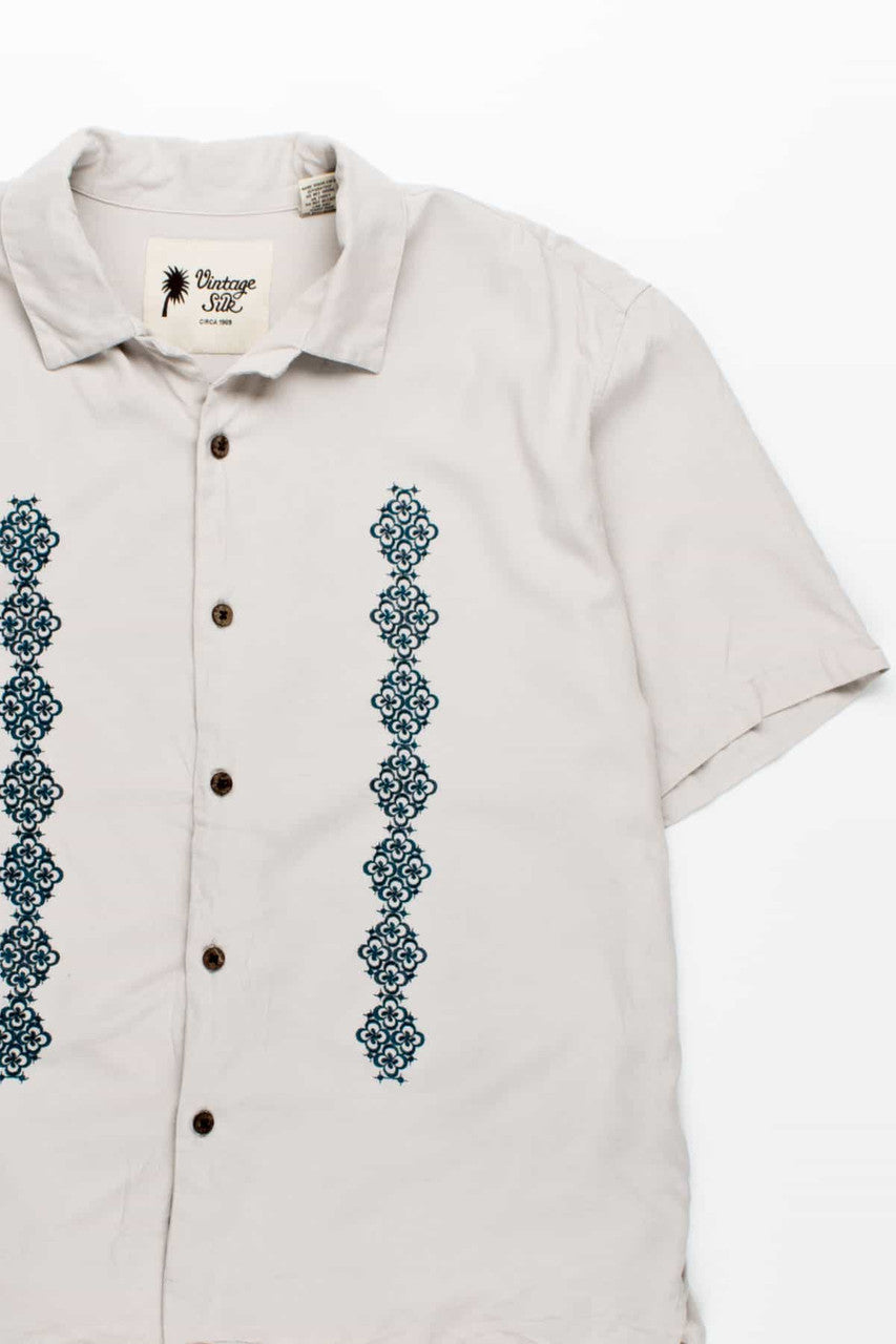 Floral Embroidered Off White Silk Bowling Style Hawaiian Shirt