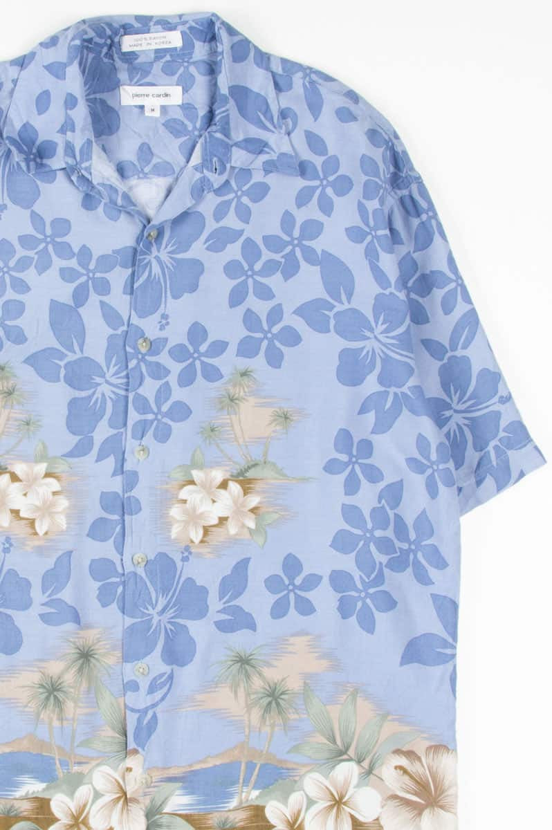 Blue Floral & Beach Scene Hawaiian Shirt