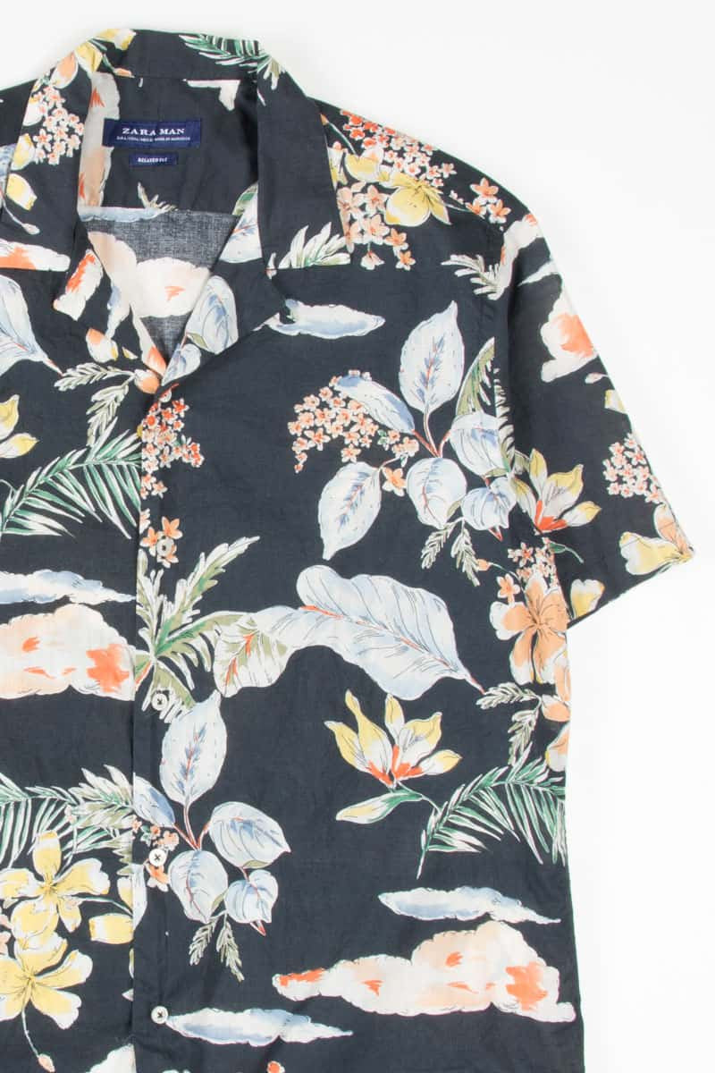Black Vintage Styled Print Hawaiian Shirt