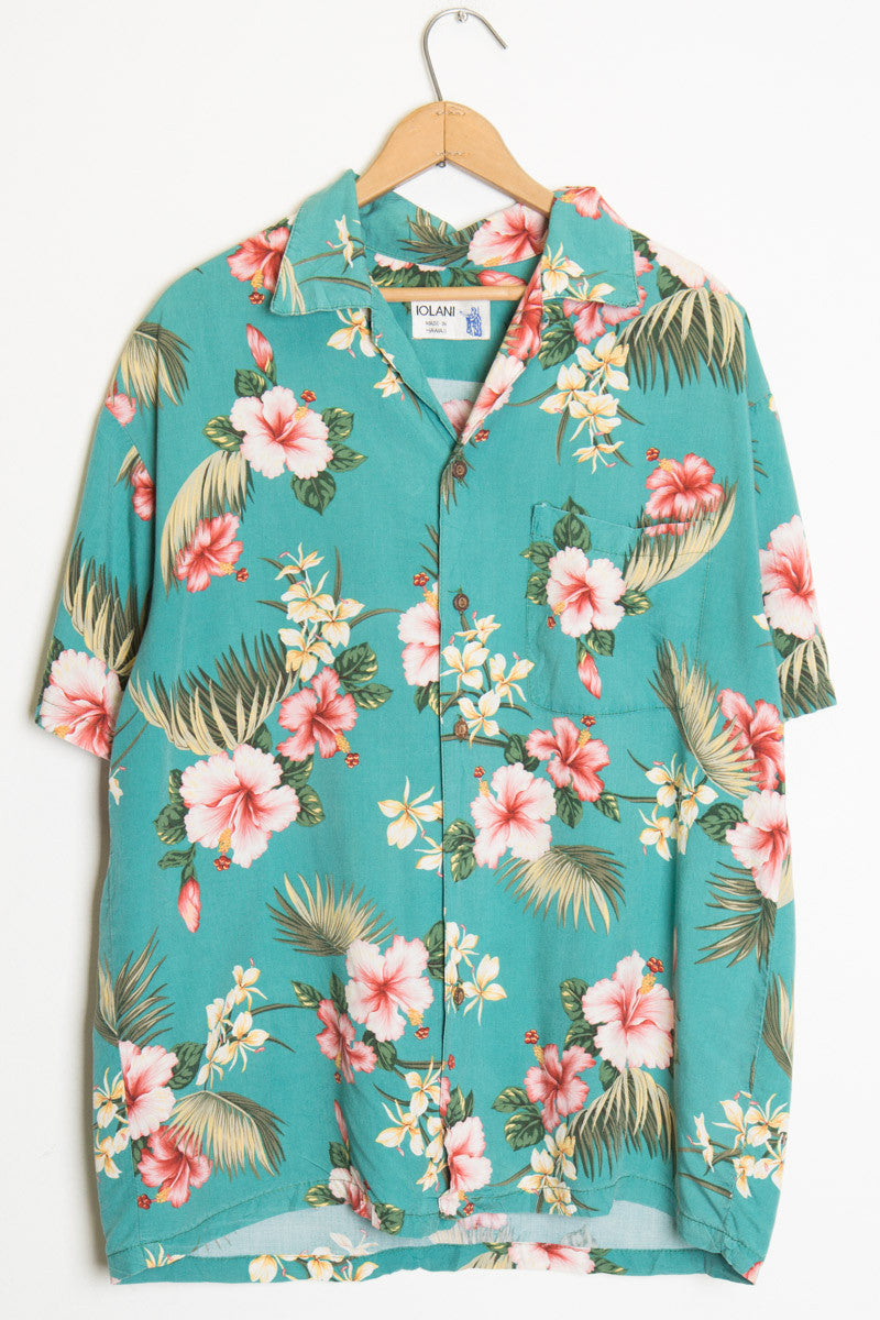 Teal Hibiscus Vintage Hawaiian Shirt