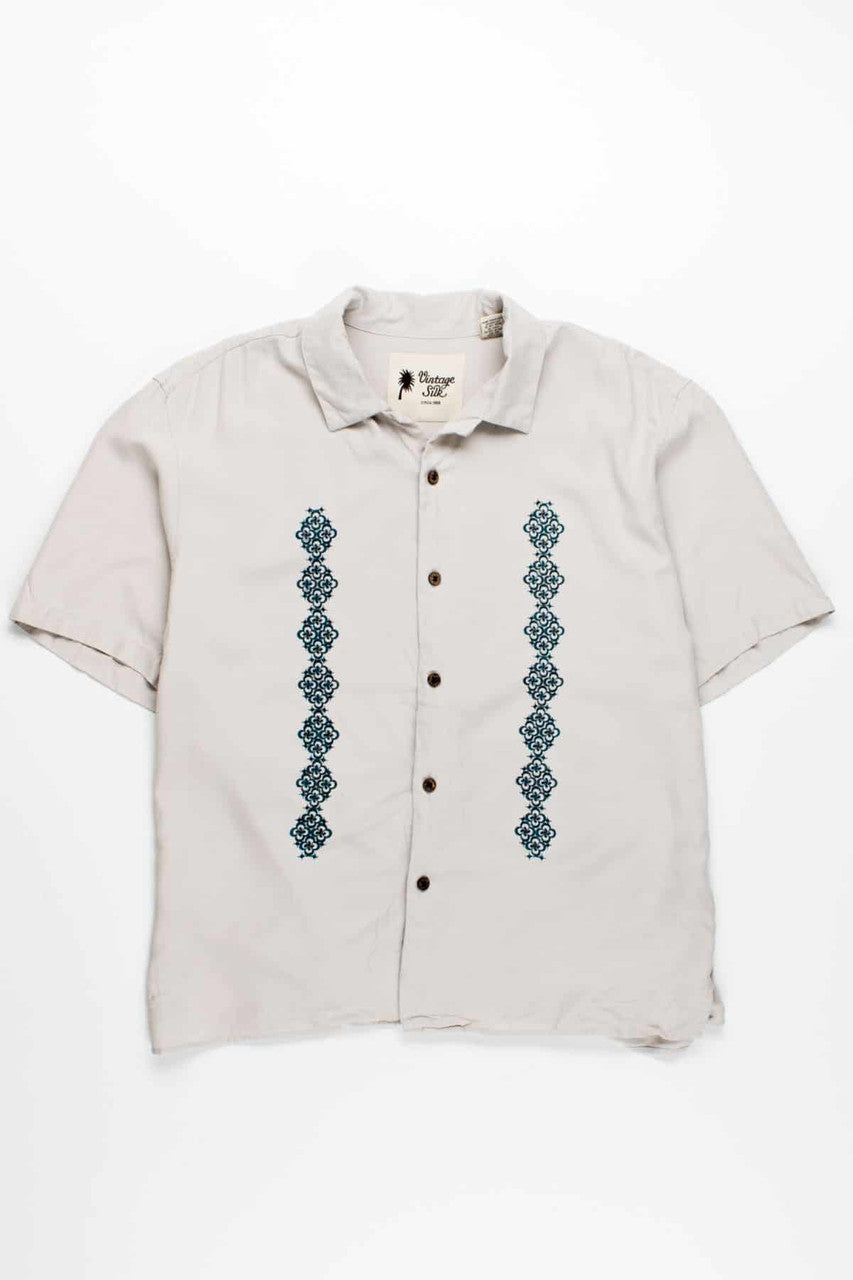 Floral Embroidered Off White Silk Bowling Style Hawaiian Shirt