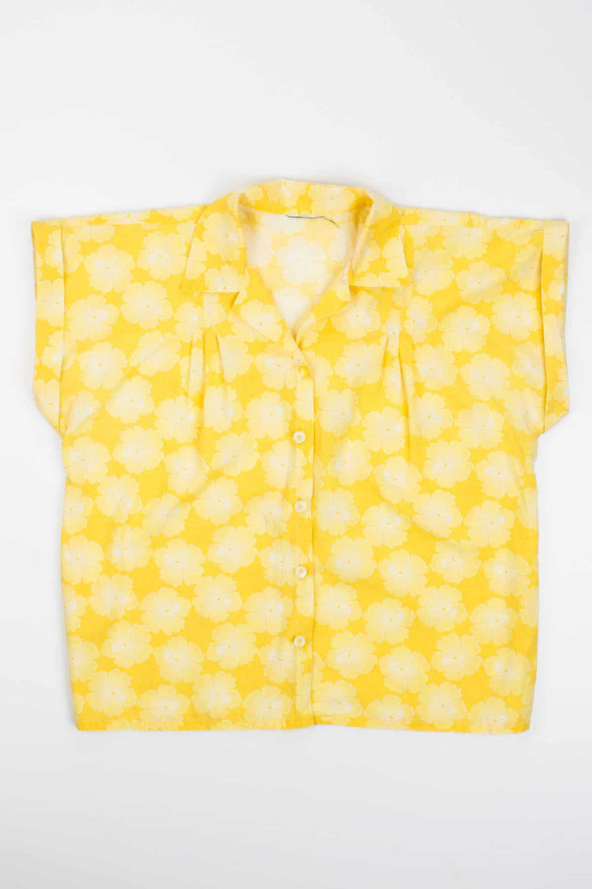 Vintage Women's Yellow Hibiscus Print Pleated Hawaiian Shirt