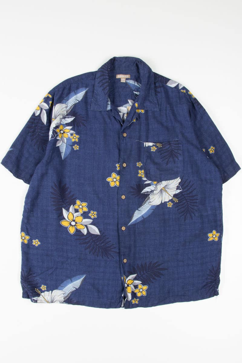Navy Large Flowers Hawaiian Shirt