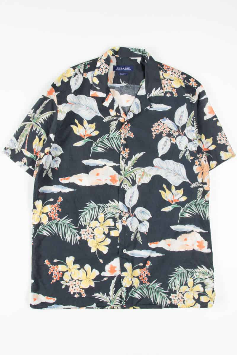 Black Vintage Styled Print Hawaiian Shirt