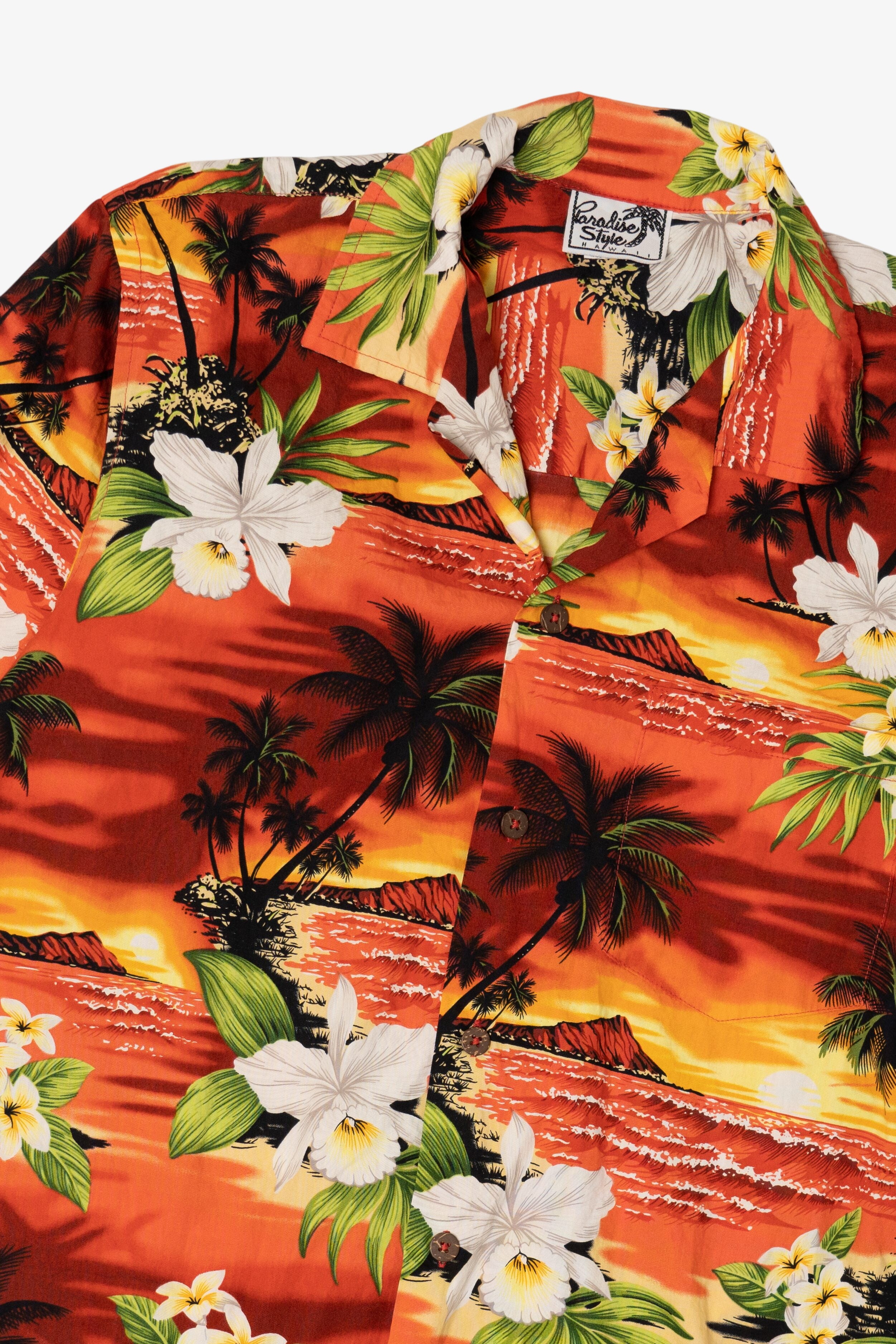 Vintage Orange Tropical Paradise Style Hawaiian Button Up Shirt (2000s)