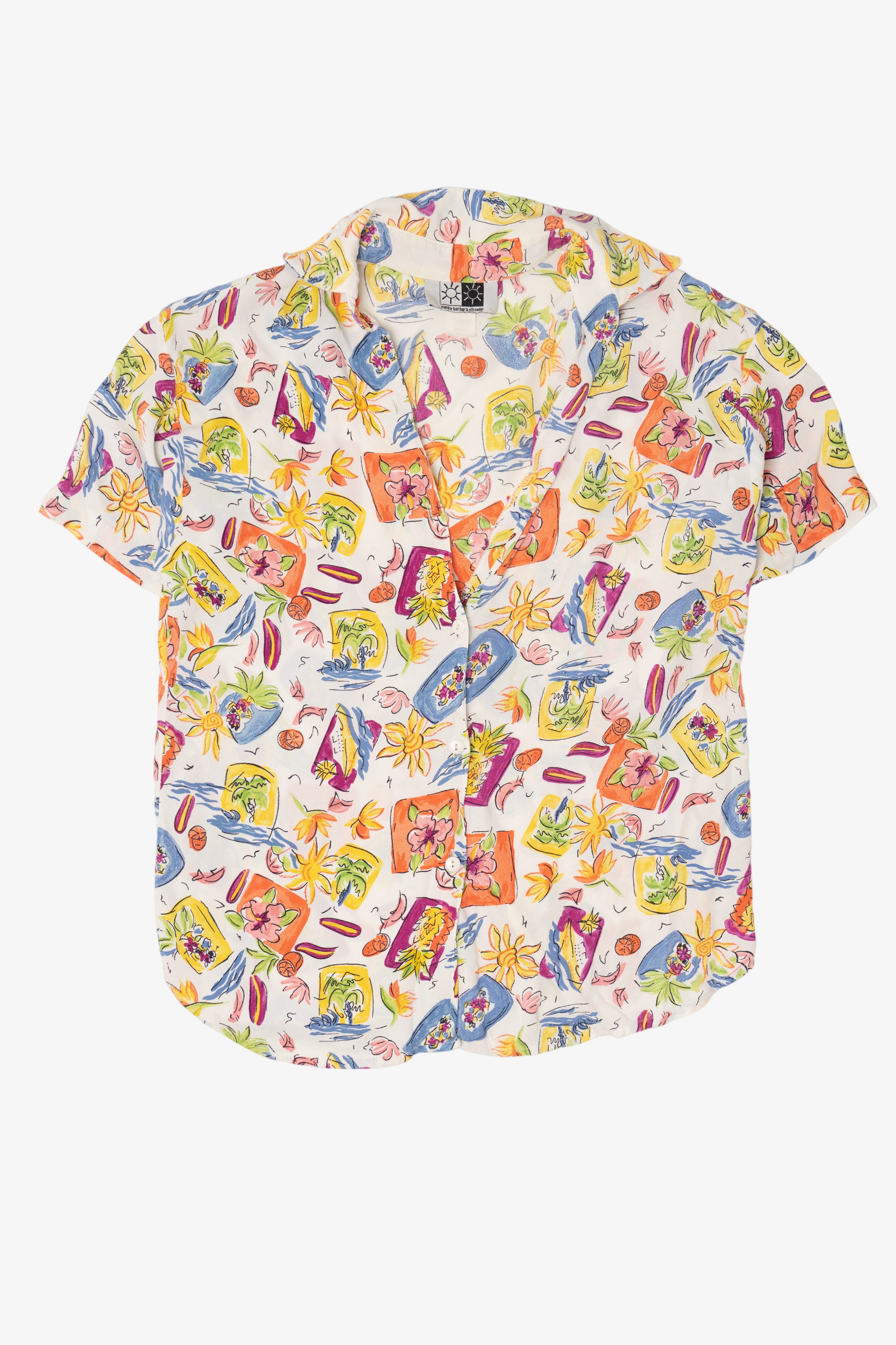 Vintage White Floral Santa Barbara Street Hawaiian Button Up Shirt (1990s)