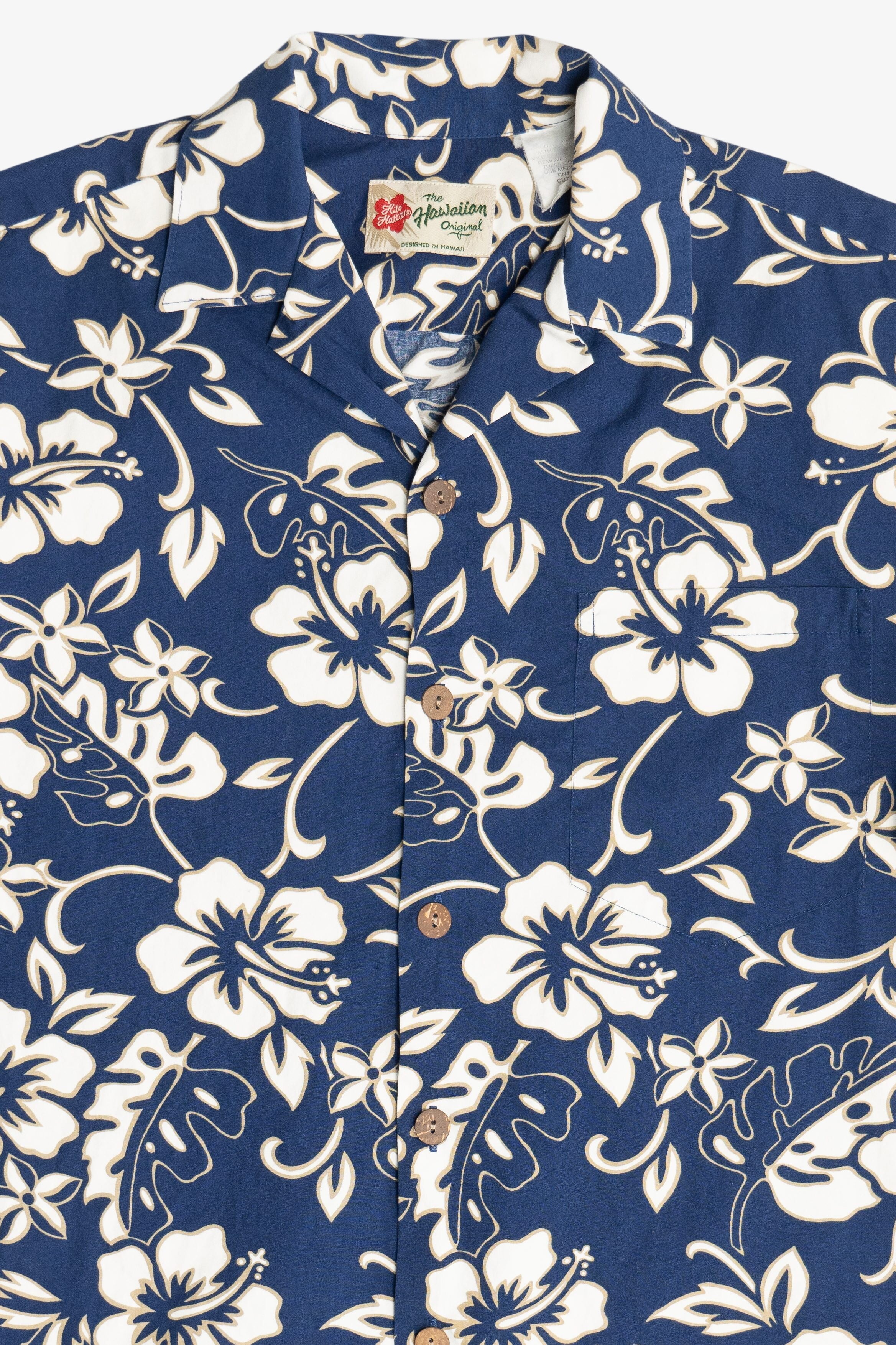 Vintage Hilo Hattie Navy Hibiscus Hawaiian Button Up Shirt (2000s)