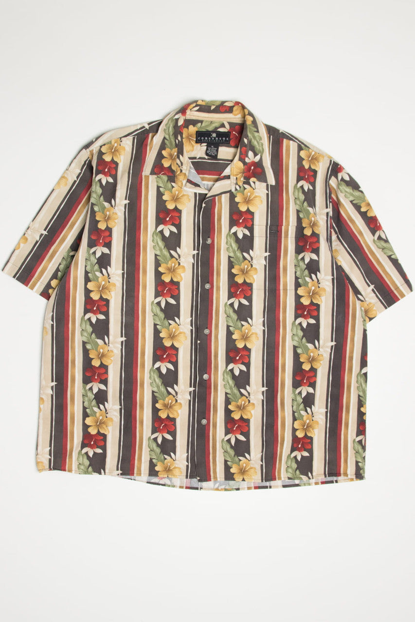 Chocolate Striped Floral Hawaiian Shirt 2078