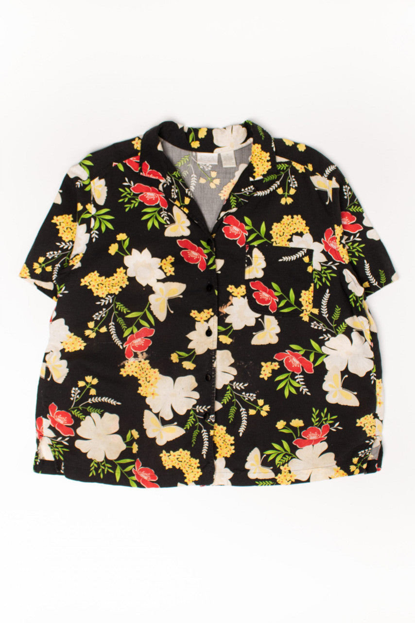 Vintage Black Floral Butterflies Hawaiian Shirt