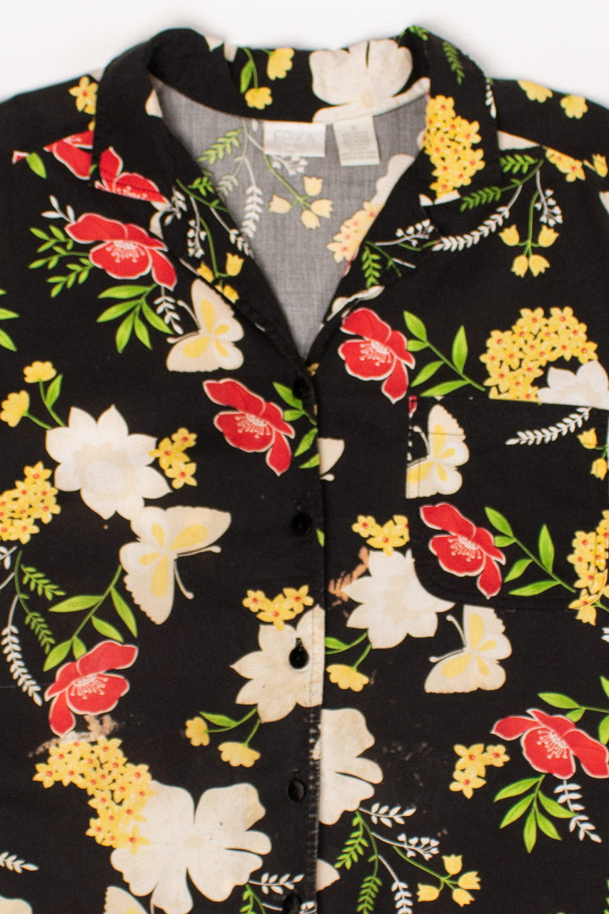 Vintage Black Floral Butterflies Hawaiian Shirt