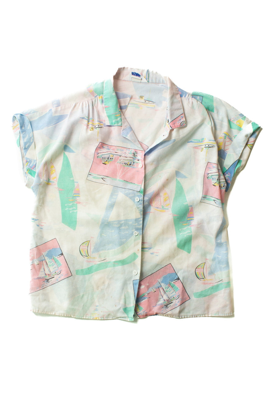 Vintage Pastel Sailboats Hawaiian Shirt (1980s)