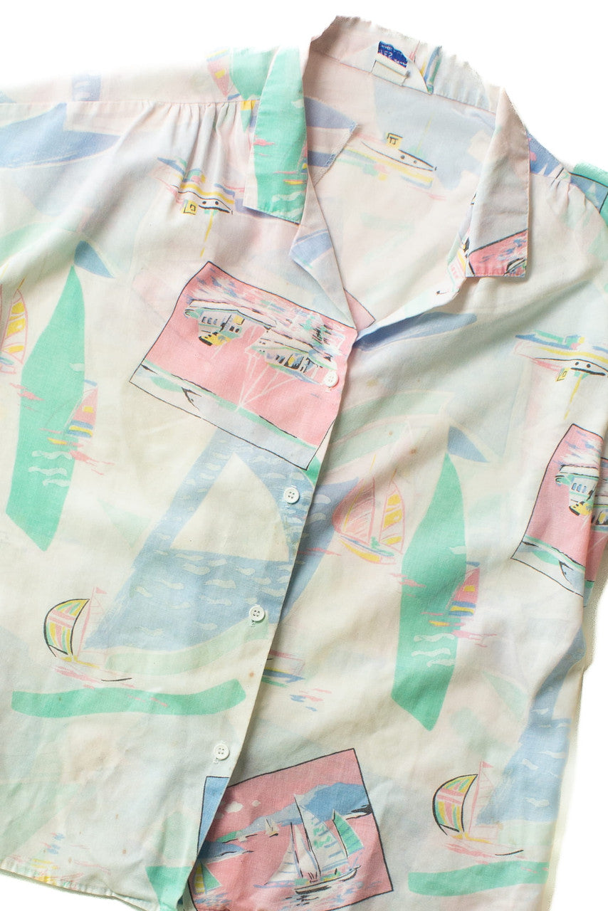 Vintage Pastel Sailboats Hawaiian Shirt (1980s)
