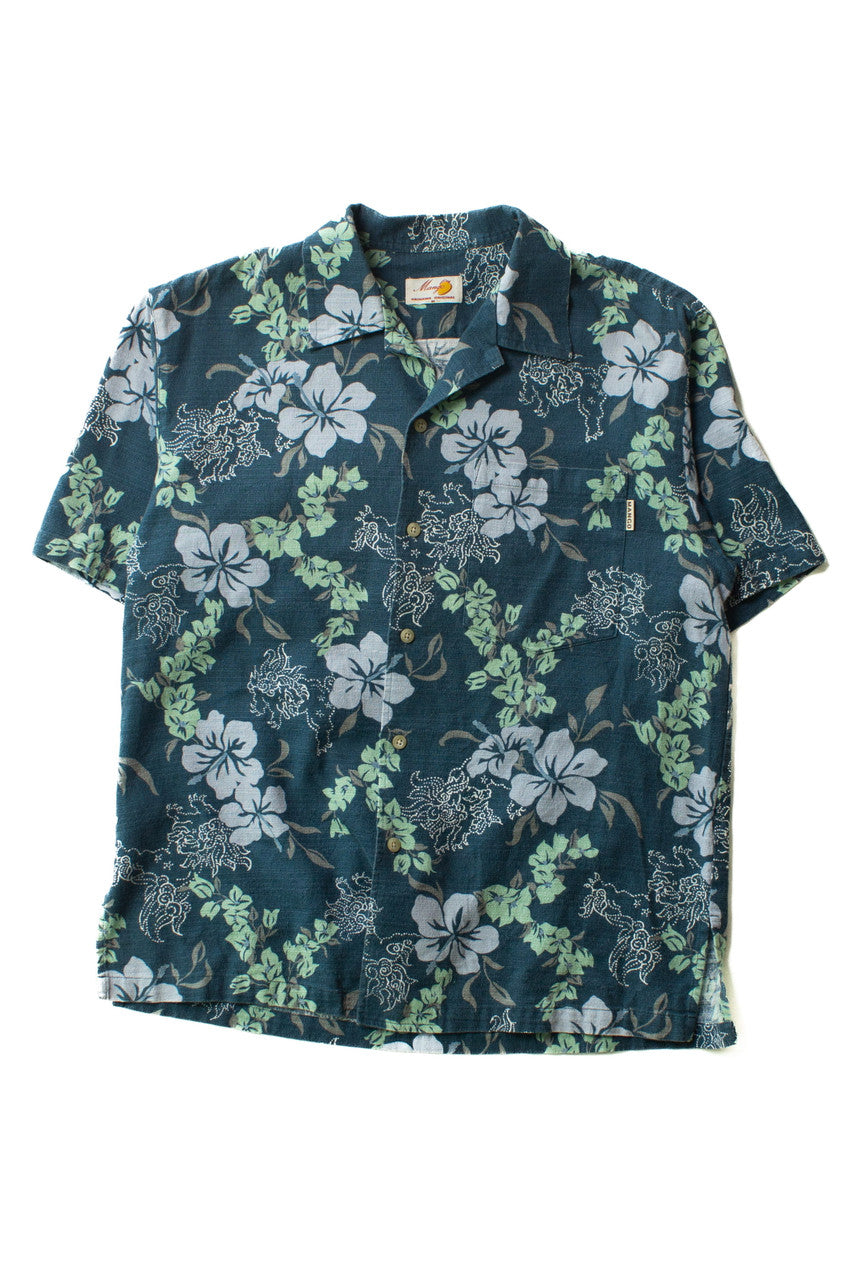 Vintage Blue Japanese Floral Hawaiian Shirt
