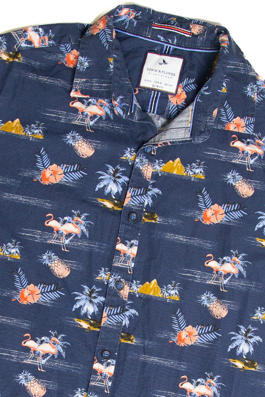 Recycled Denim And Flower Hawaiian Shirt