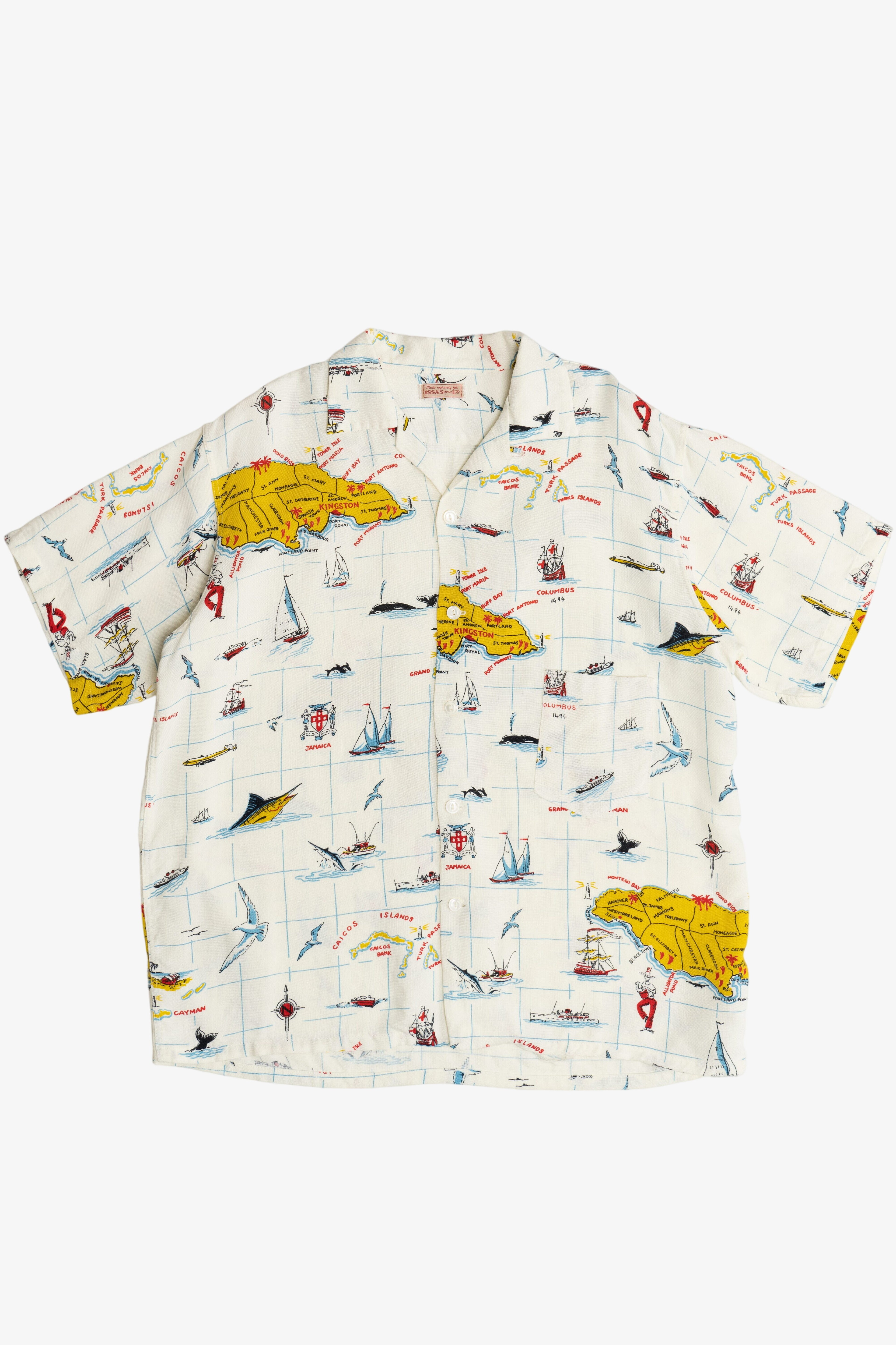 Rare Vintage Hawaiian Shirt With Loop Collar Issa's (Retail) Ltd Jamaica Nautical Map 40/50s